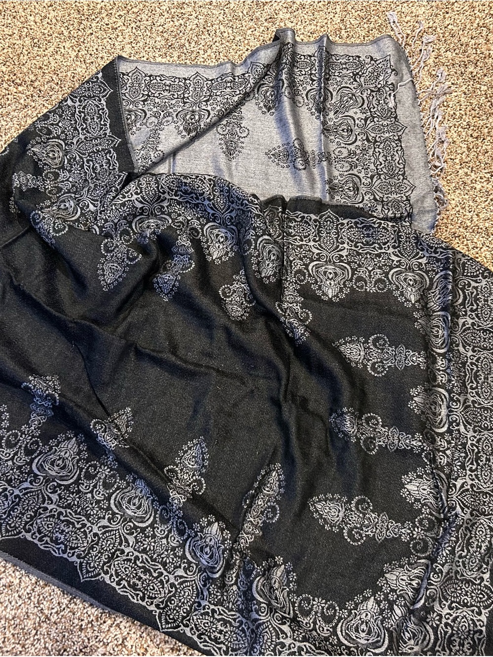 Reversible Black & Gray Paisley Pashmina Scarf